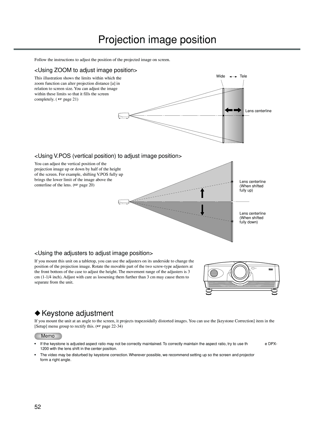 Yamaha DPX-1200 manual Projection image position, Keystone adjustment, Using Zoom to adjust image position 