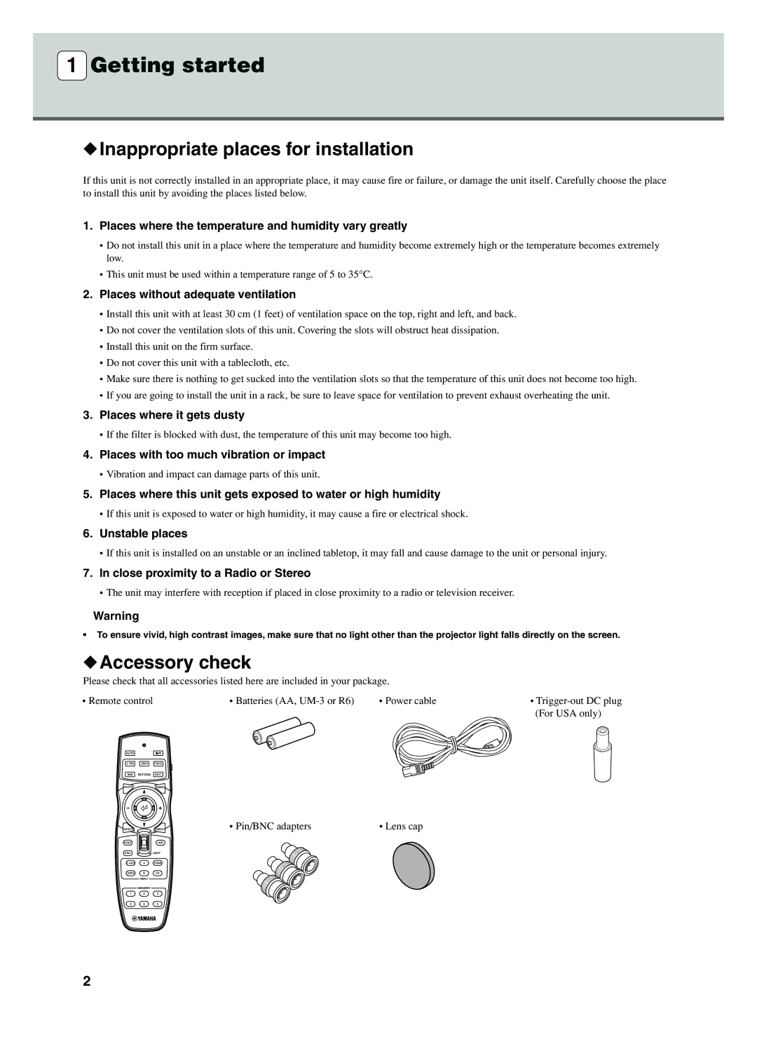 Yamaha DPX-1200 manual Inappropriate places for installation, Accessory check 