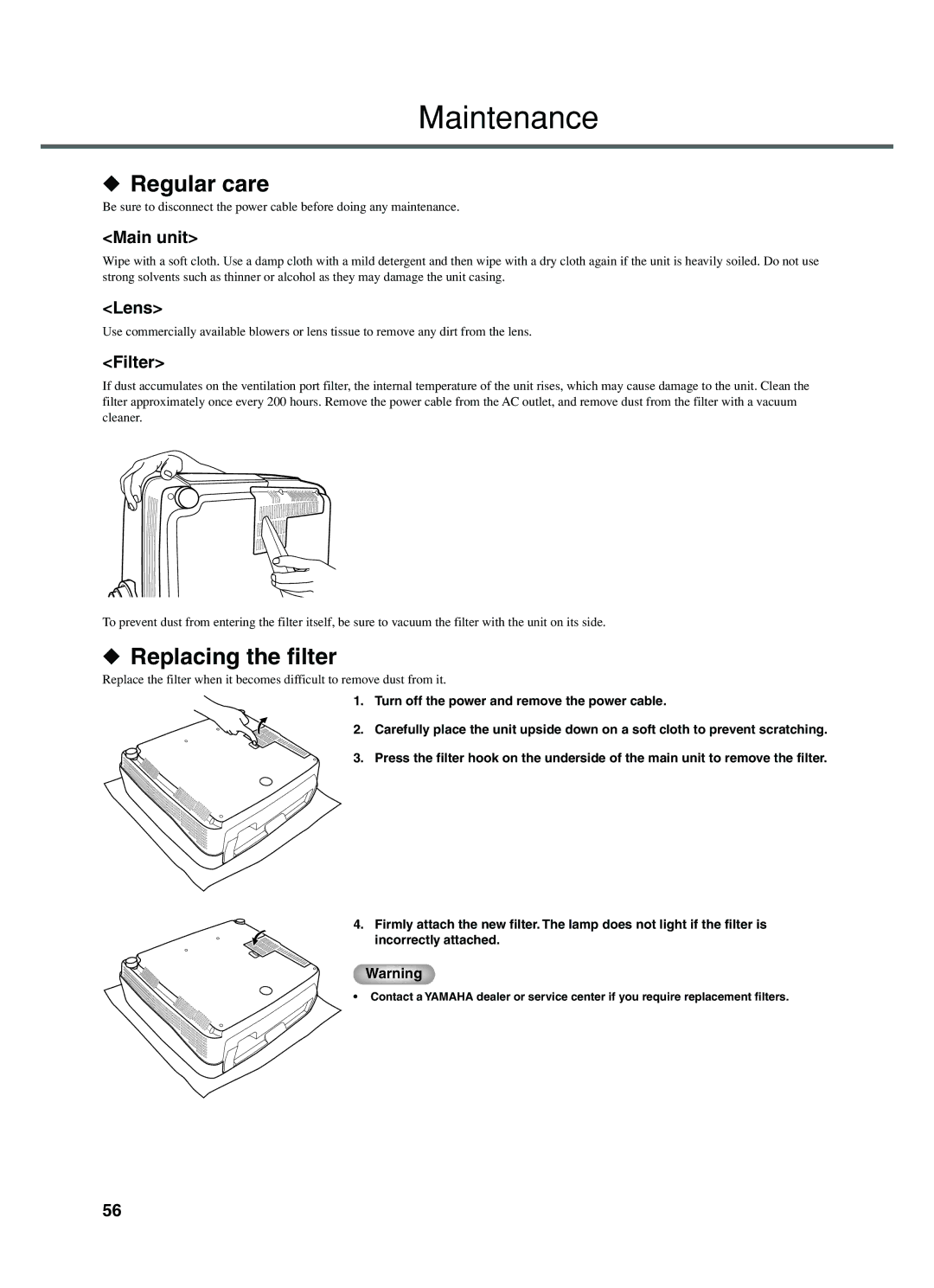 Yamaha DPX-1200 manual Maintenance, Regular care, Replacing the filter 