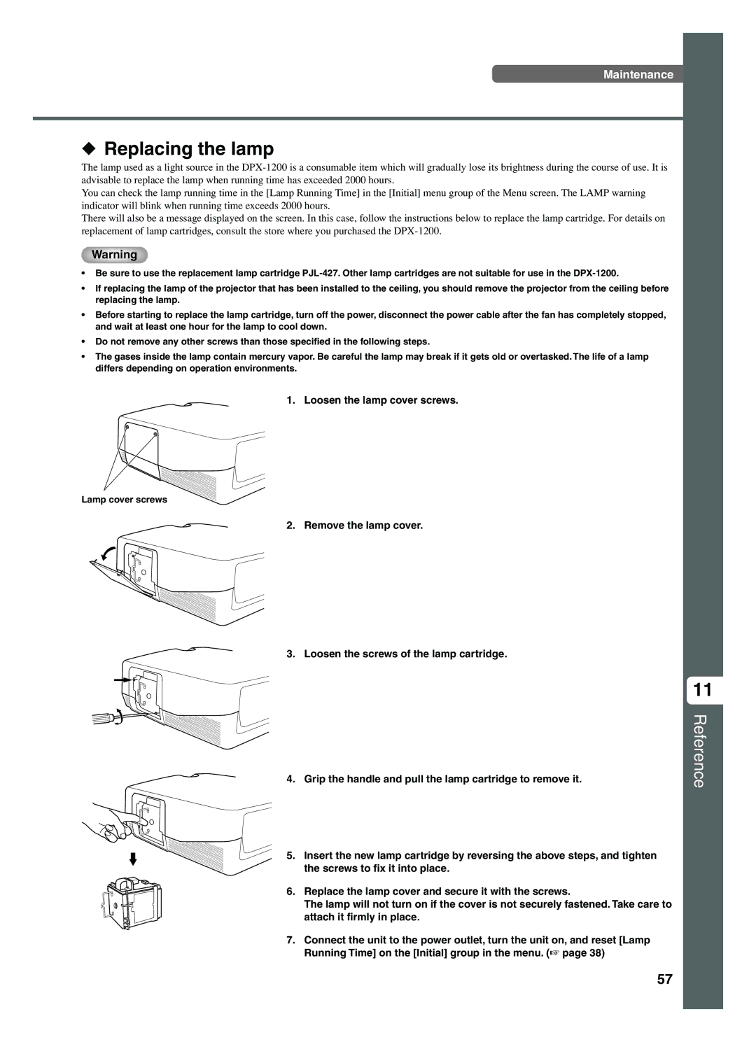 Yamaha DPX-1200 manual Replacing the lamp, Loosen the lamp cover screws, Lamp cover screws 