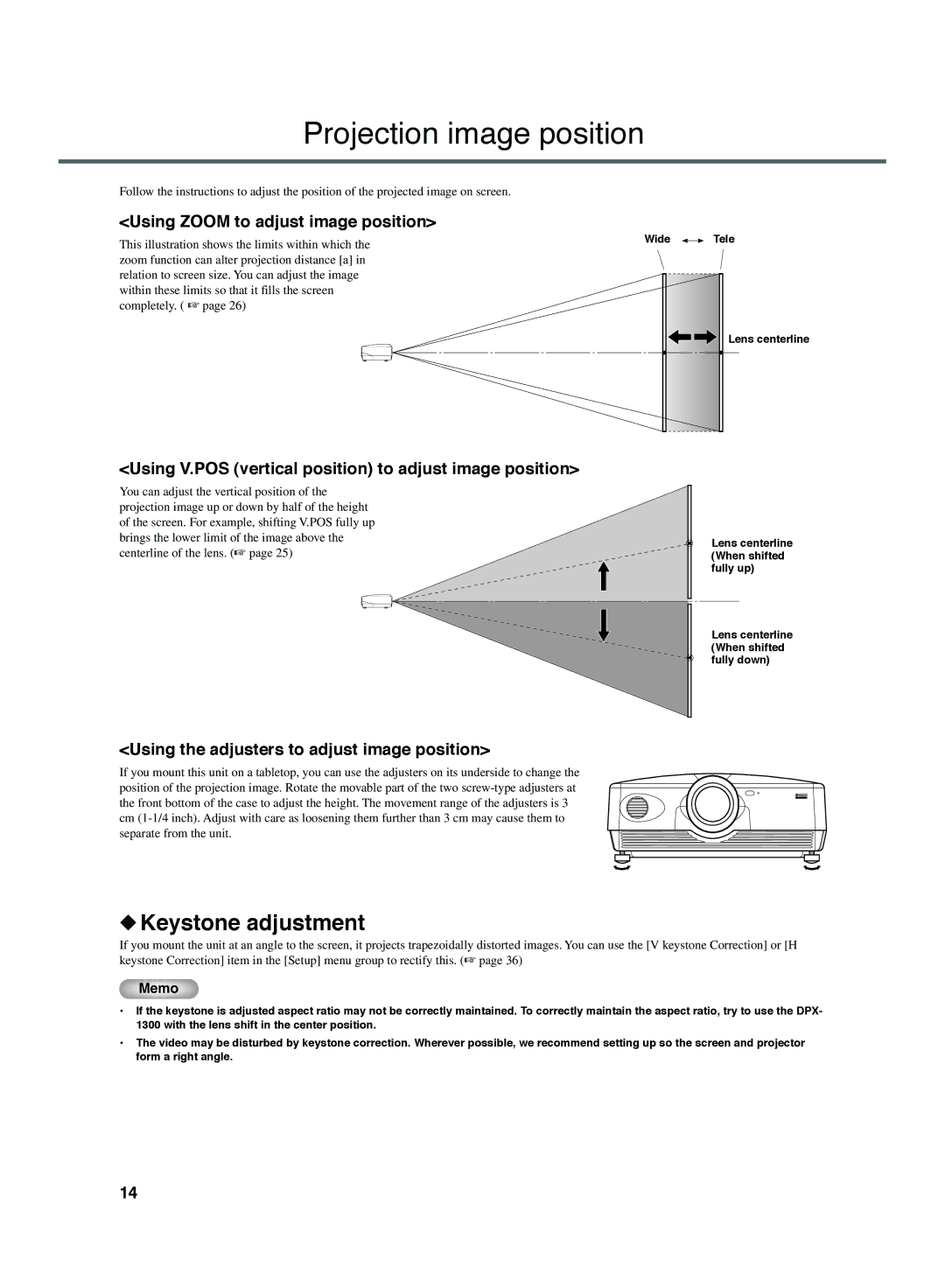 Yamaha DPX-1300 G manual Projection image position, Keystone adjustment, Using Zoom to adjust image position 