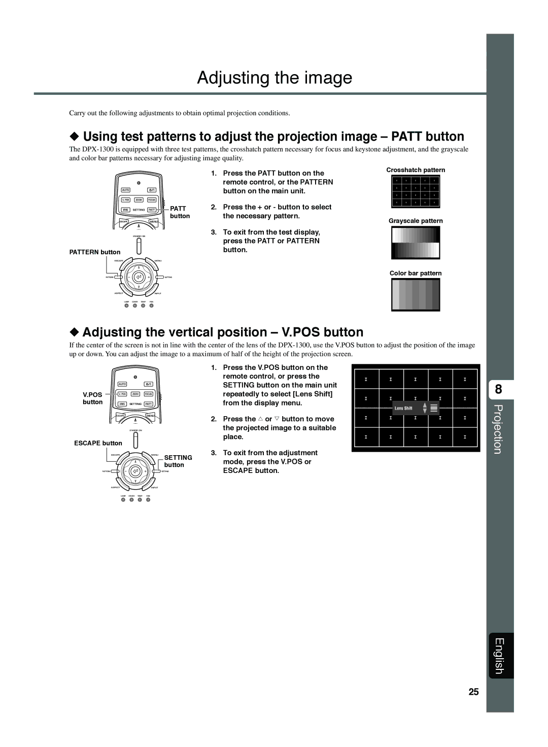 Yamaha DPX-1300 G manual Adjusting the image, Adjusting the vertical position V.POS button, Pattern button, Escape button 