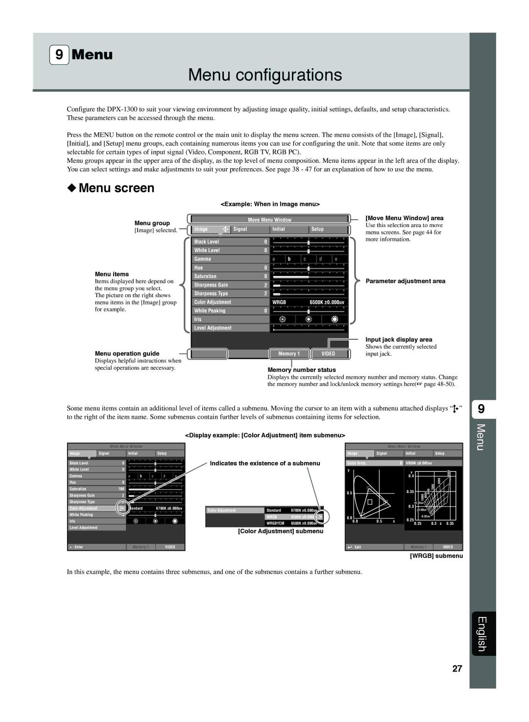 Yamaha DPX-1300 G manual Menu configurations, Menu screen 