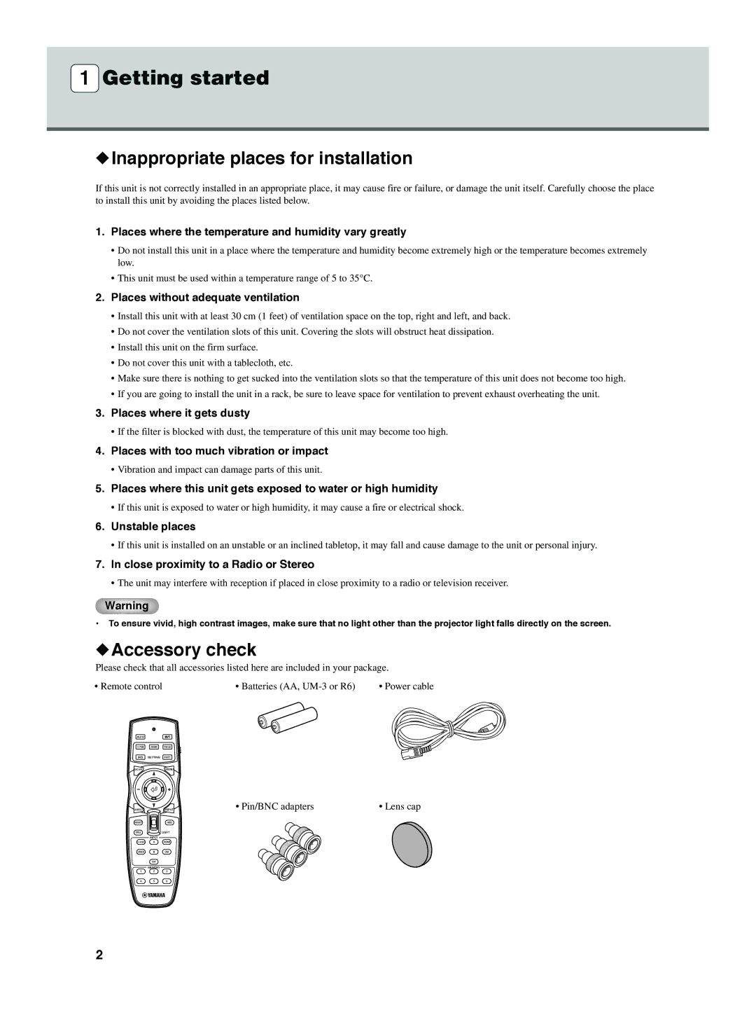 Yamaha DPX-1300 G manual Inappropriate places for installation, Accessory check 