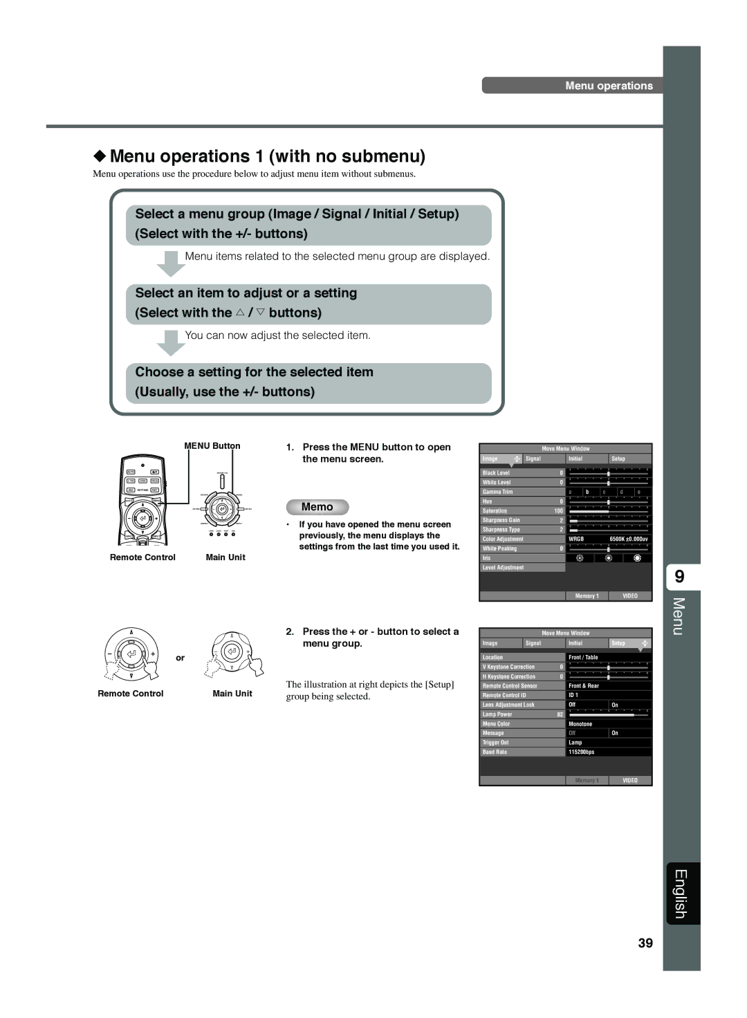 Yamaha DPX-1300 G manual Menu operations 1 with no submenu, Press the Menu button to open, Menu screen, Menu Button 