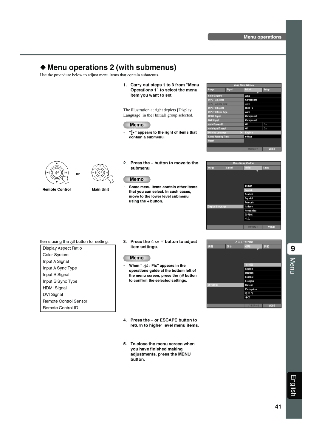 Yamaha DPX-1300 G manual Menu operations 2 with submenus, Press the + button to move to the submenu 