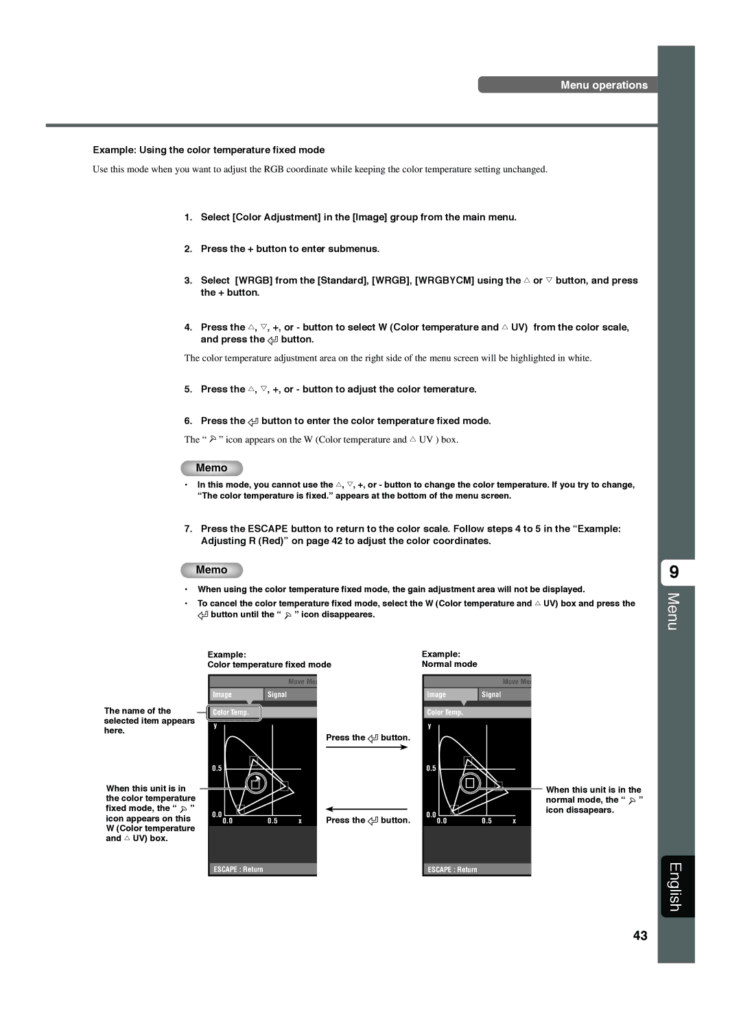 Yamaha DPX-1300 G manual Example Using the color temperature fixed mode, Name of the selected item appears here 