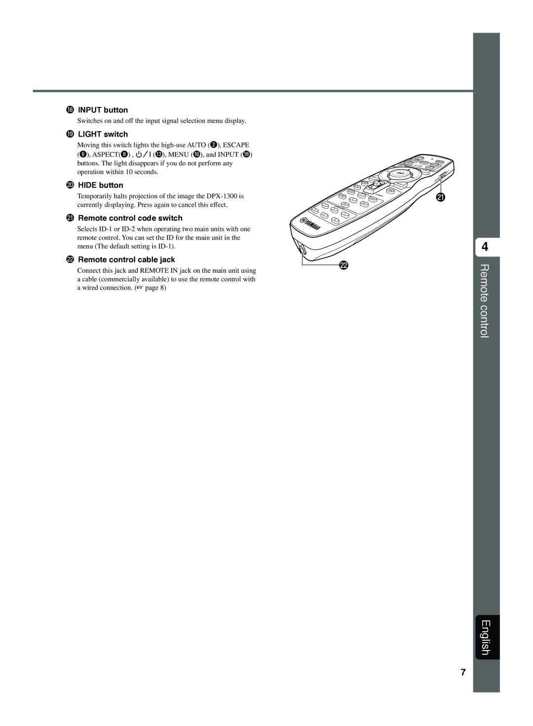 Yamaha DPX-1300 G Remote control English, Light switch, Hide button, Remote control code switch, Remote control cable jack 