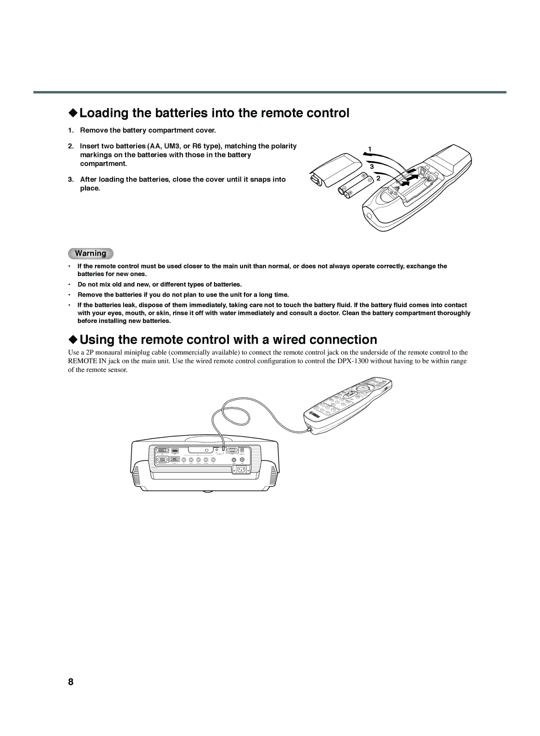 Yamaha DPX-1300 manual Loading the batteries into the remote control, Using the remote control with a wired connection 