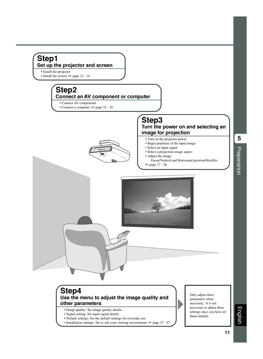 Yamaha DPX-1300 manual Prepararion, Turn the power on and selecting an image for projection 