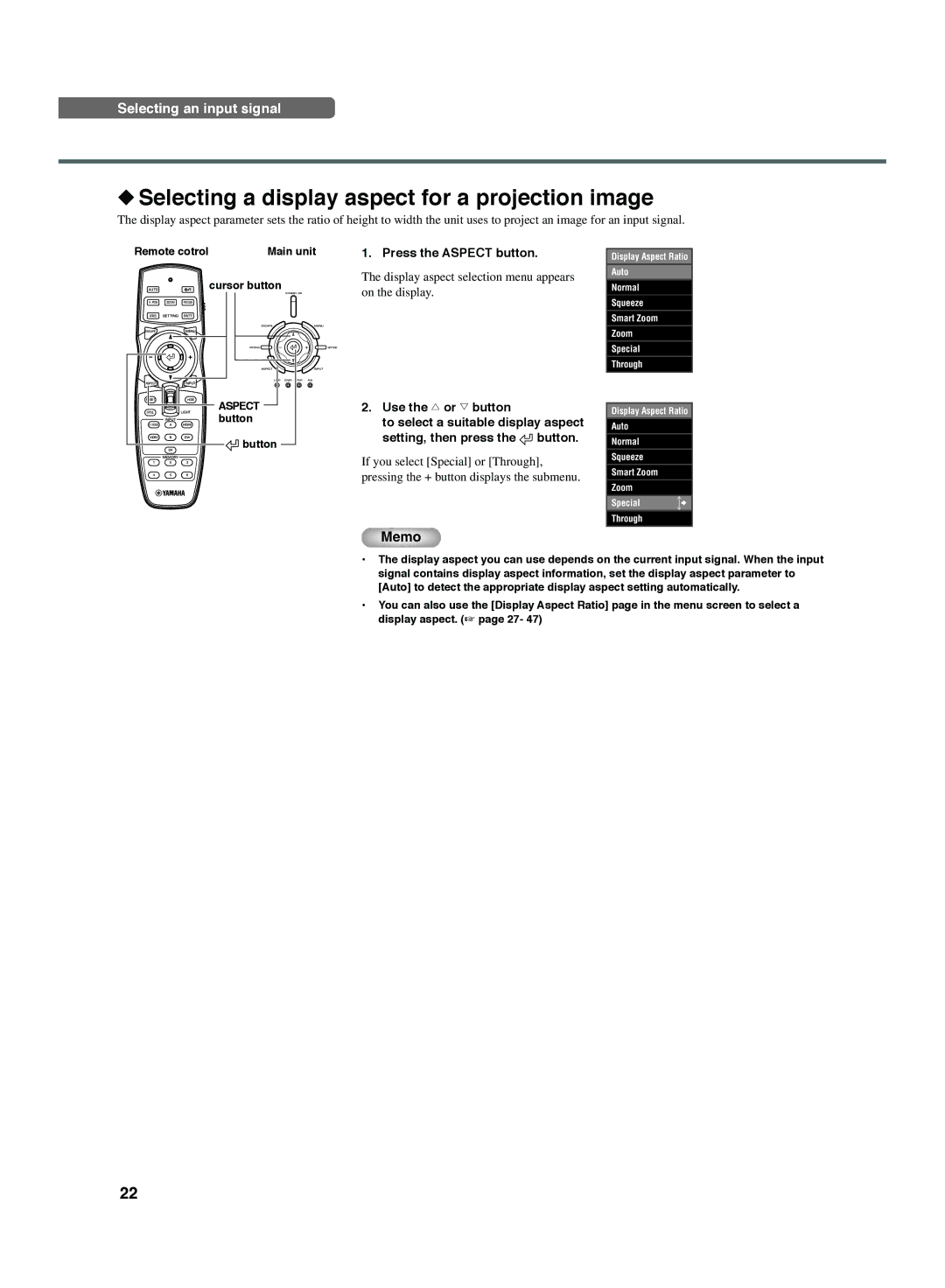 Yamaha DPX-1300 manual Selecting a display aspect for a projection image, Press the Aspect button, Remote cotrol 