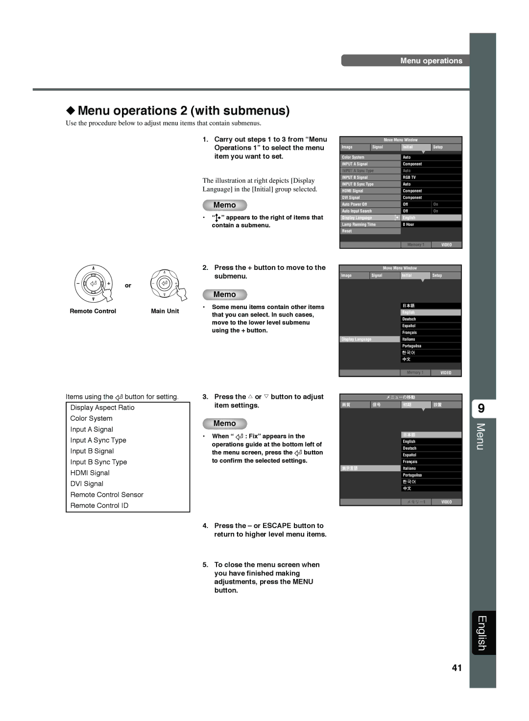 Yamaha DPX-1300 manual Menu operations 2 with submenus, Press the + button to move to the submenu 