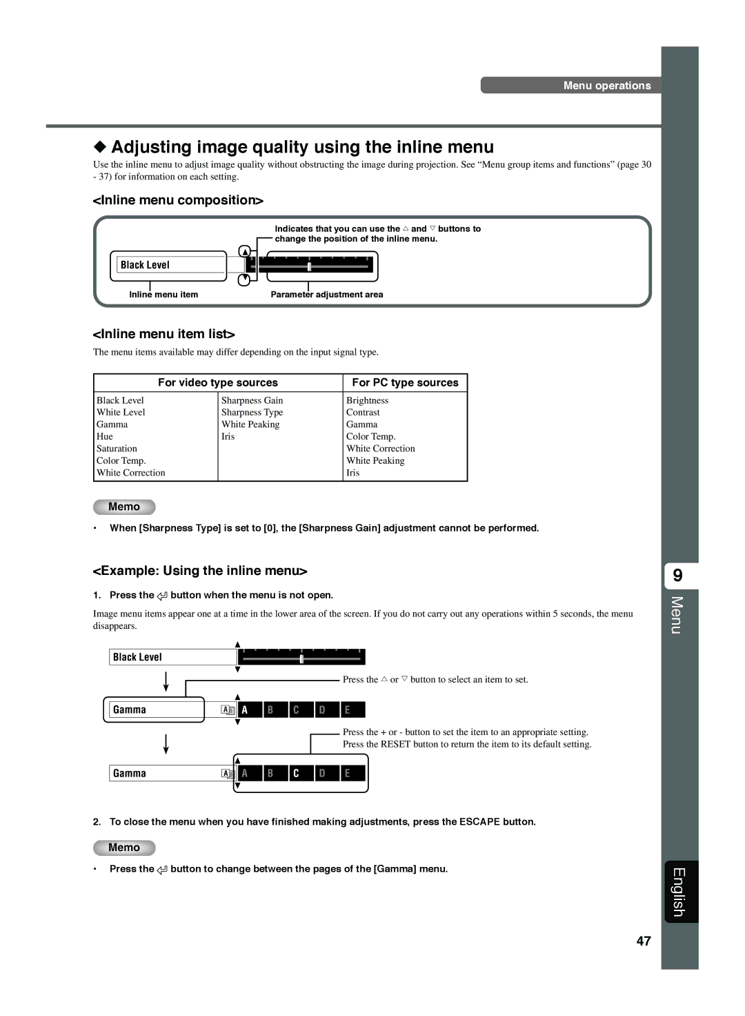 Yamaha DPX-1300 manual Adjusting image quality using the inline menu, Inline menu composition, Inline menu item list 