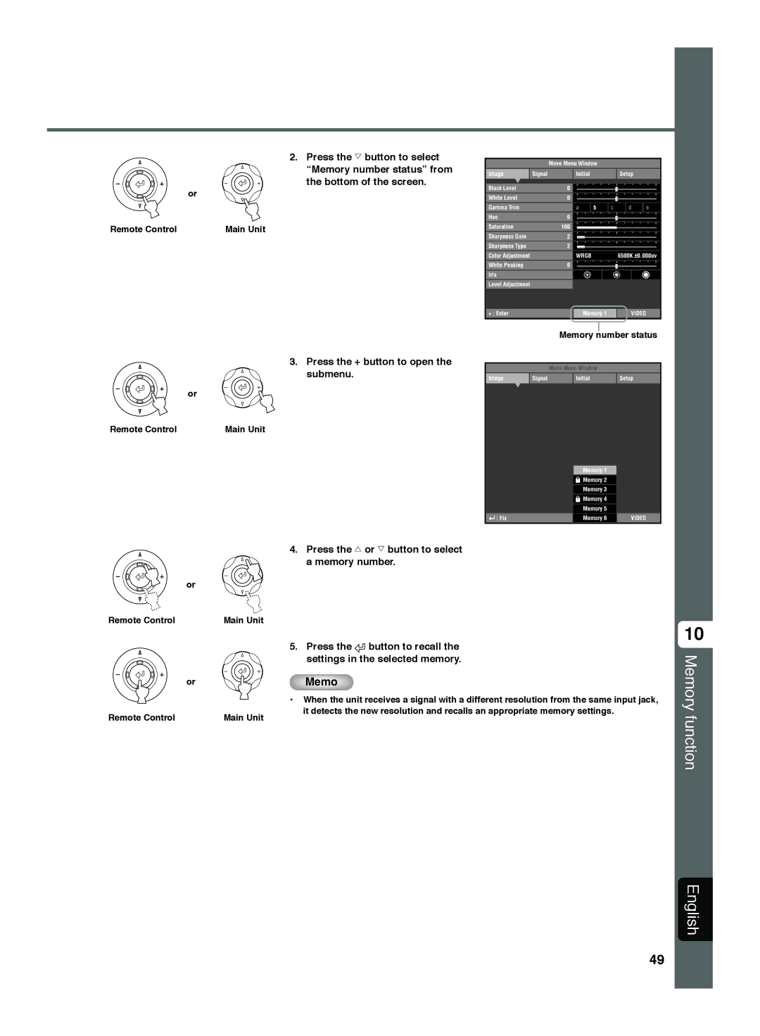 Yamaha DPX-1300 Memory function English, Press the g button to select Memory number status from, Bottom of the screen 