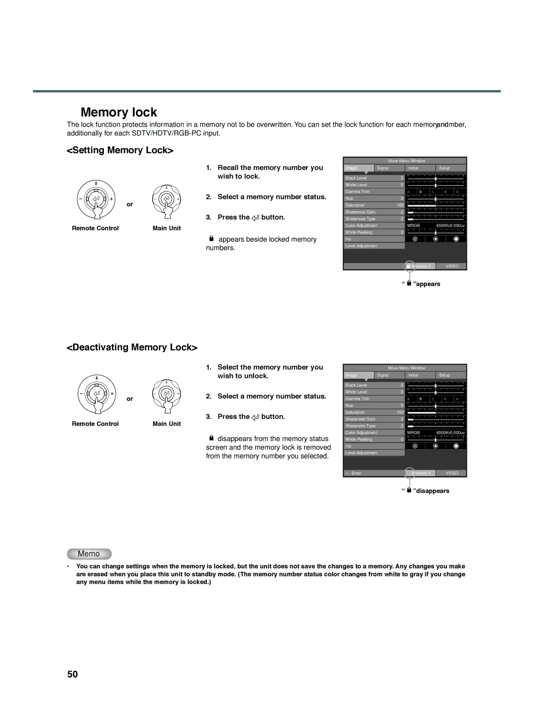 Yamaha DPX-1300 Memory lock, Setting Memory Lock, Deactivating Memory Lock, Select the memory number you, Wish to unlock 