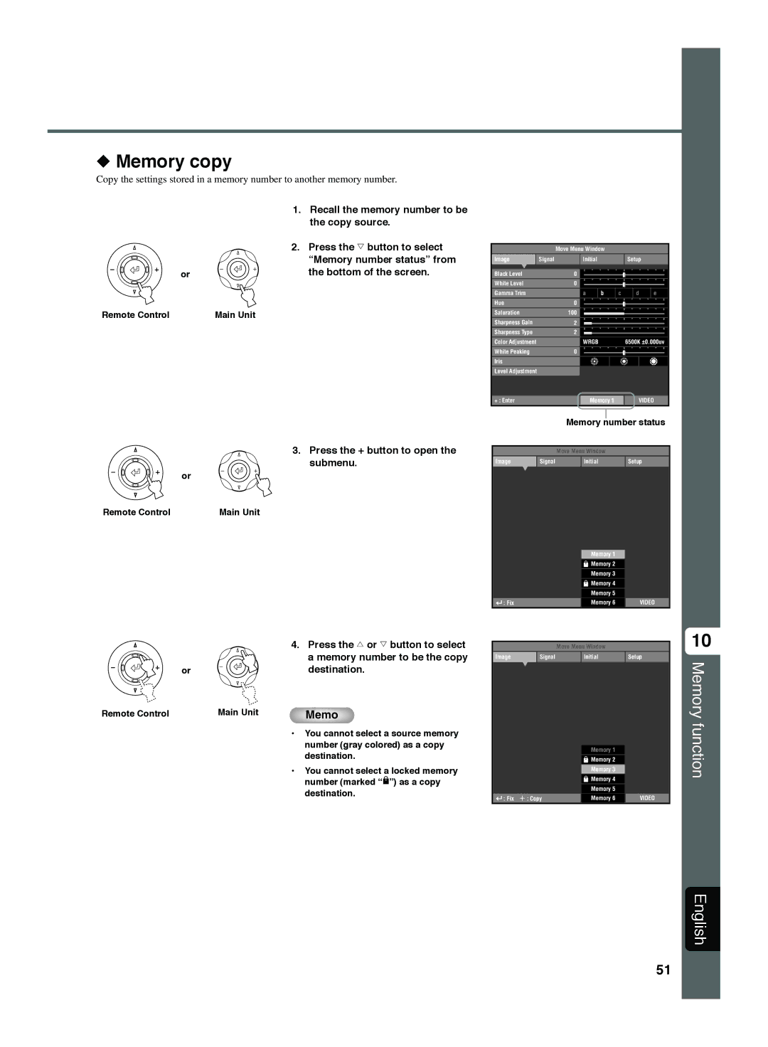 Yamaha DPX-1300 manual Memory copy, Recall the memory number to be, Copy source, Press the g button to select 