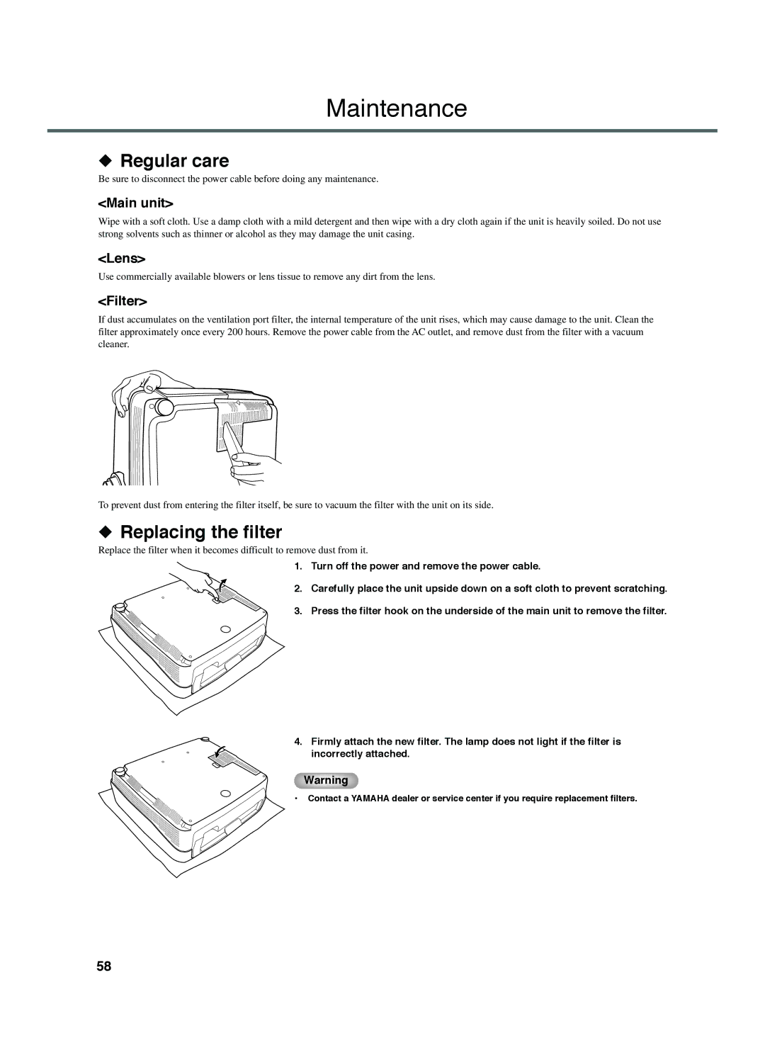 Yamaha DPX-1300 manual Maintenance, Regular care, Replacing the filter 