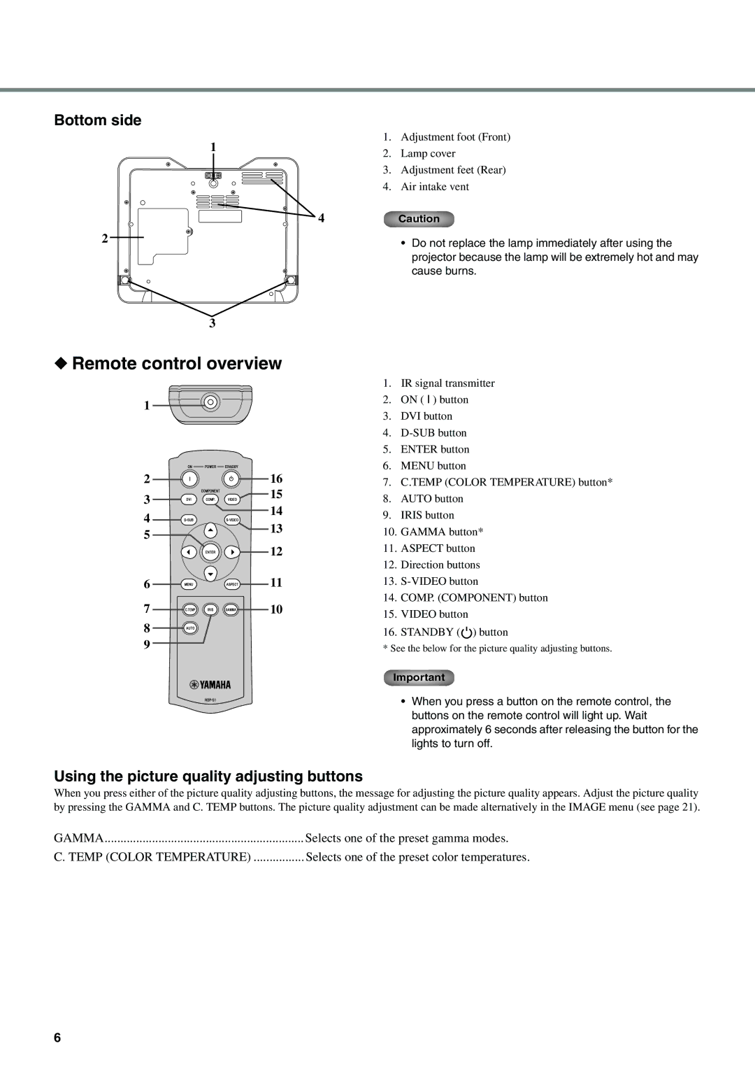 Yamaha DPX-530 owner manual Remote control overview, Bottom side, Using the picture quality adjusting buttons 