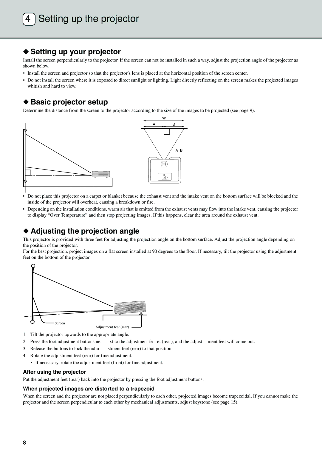 Yamaha DPX-530 Setting up the projector, Setting up your projector, Basic projector setup, Adjusting the projection angle 