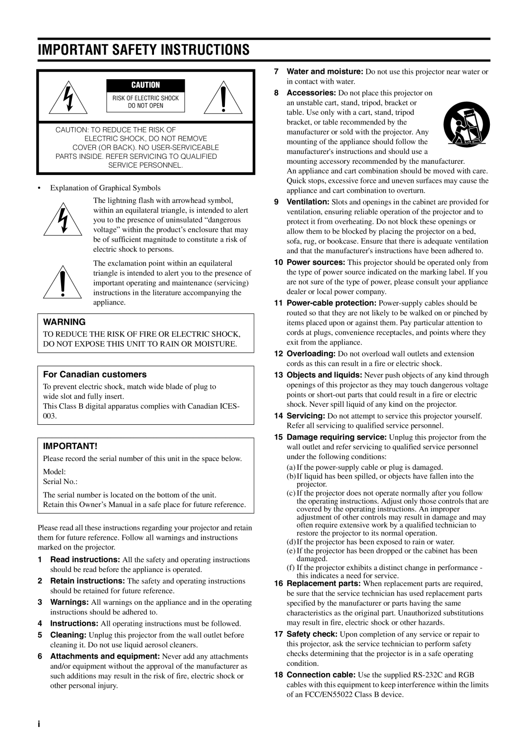 Yamaha DPX-530 owner manual Important Safety Instructions, For Canadian customers 