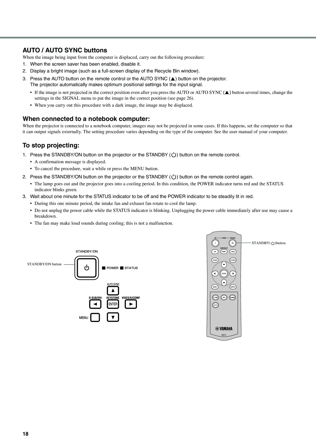 Yamaha DPX-530 owner manual Auto / Auto Sync buttons, When connected to a notebook computer To stop projecting 