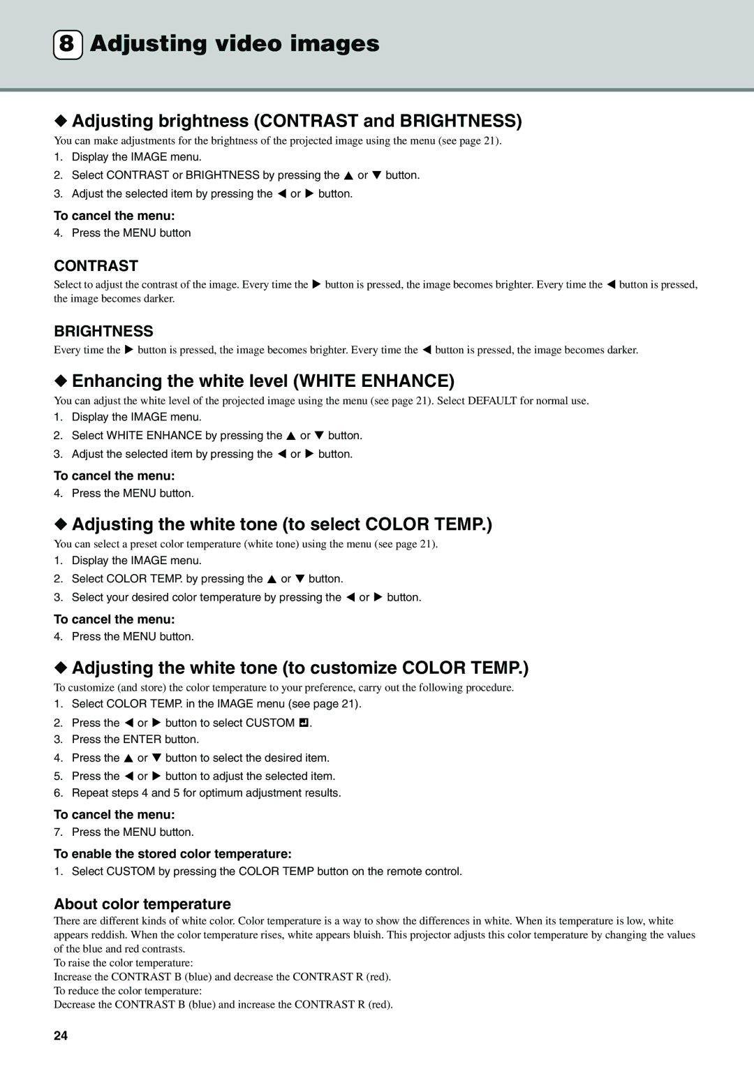 Yamaha DPX-530 owner manual Adjusting video images, Adjusting brightness Contrast and Brightness 