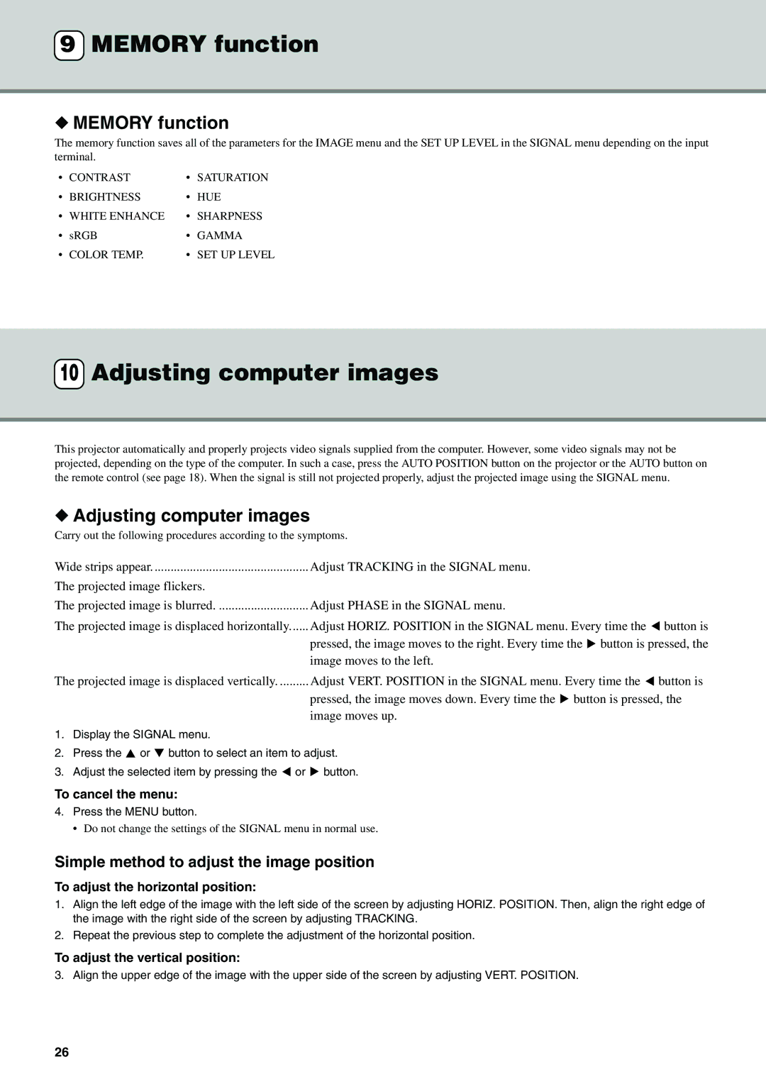 Yamaha DPX-530 owner manual Memory function, Adjusting computer images, Simple method to adjust the image position 