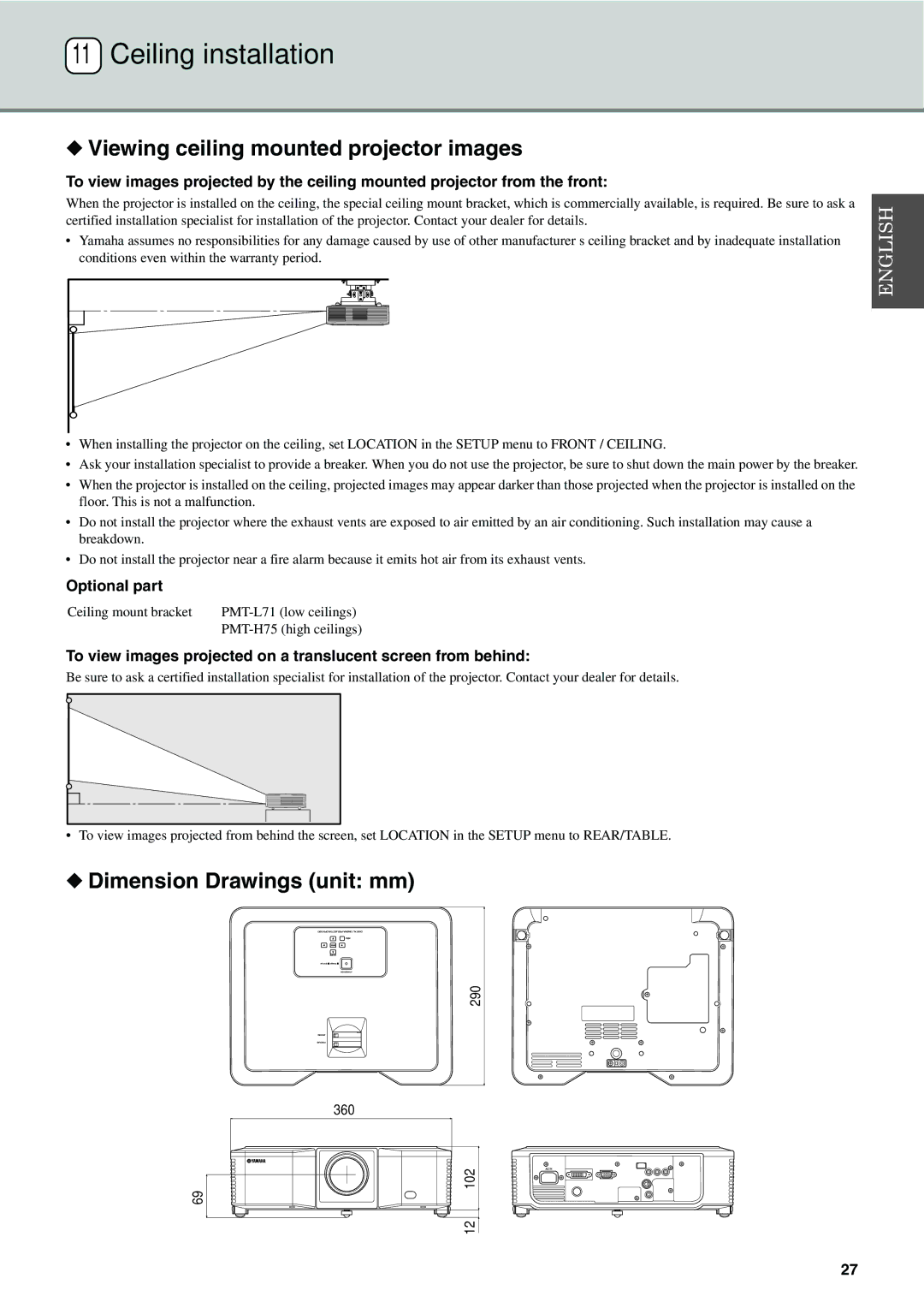 Yamaha DPX-530 Ceiling installation, Viewing ceiling mounted projector images, Dimension Drawings unit mm, Optional part 