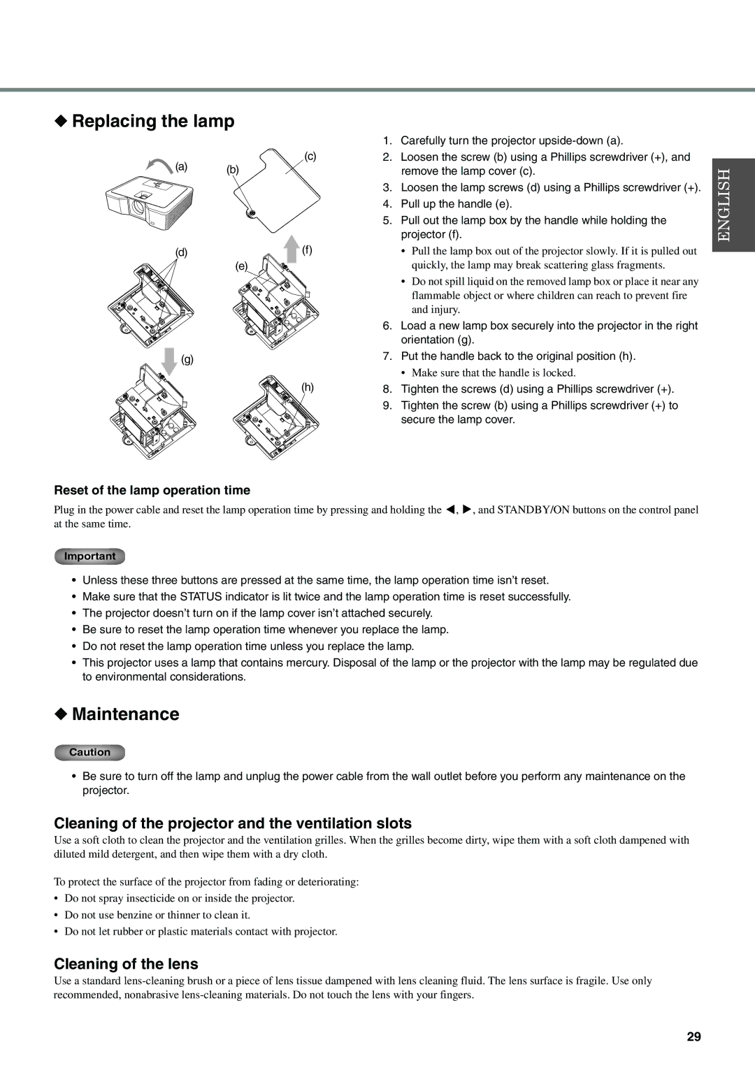 Yamaha DPX-530 owner manual Maintenance, Cleaning of the projector and the ventilation slots, Cleaning of the lens 