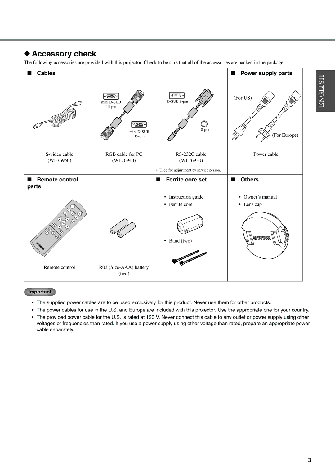 Yamaha DPX-530 owner manual Accessory check, Cables Power supply parts, Remote control Ferrite core set Others Parts 