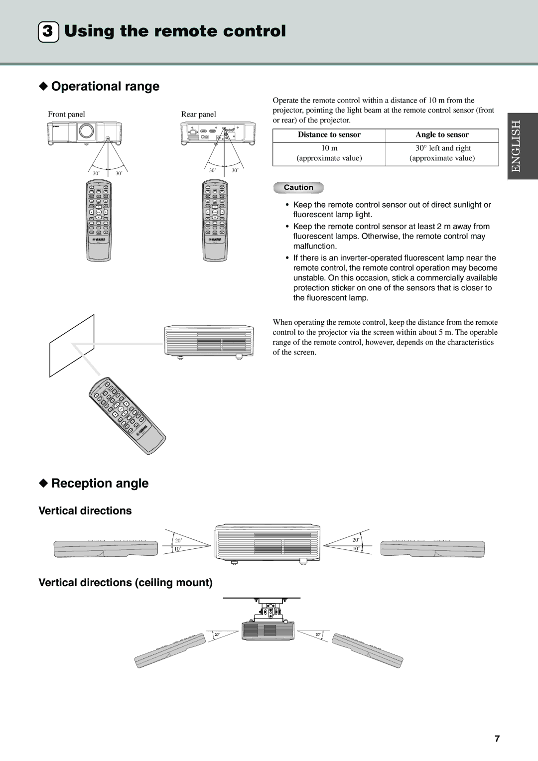 Yamaha DPX-830 owner manual Using the remote control, Operational range, Reception angle, Vertical directions 