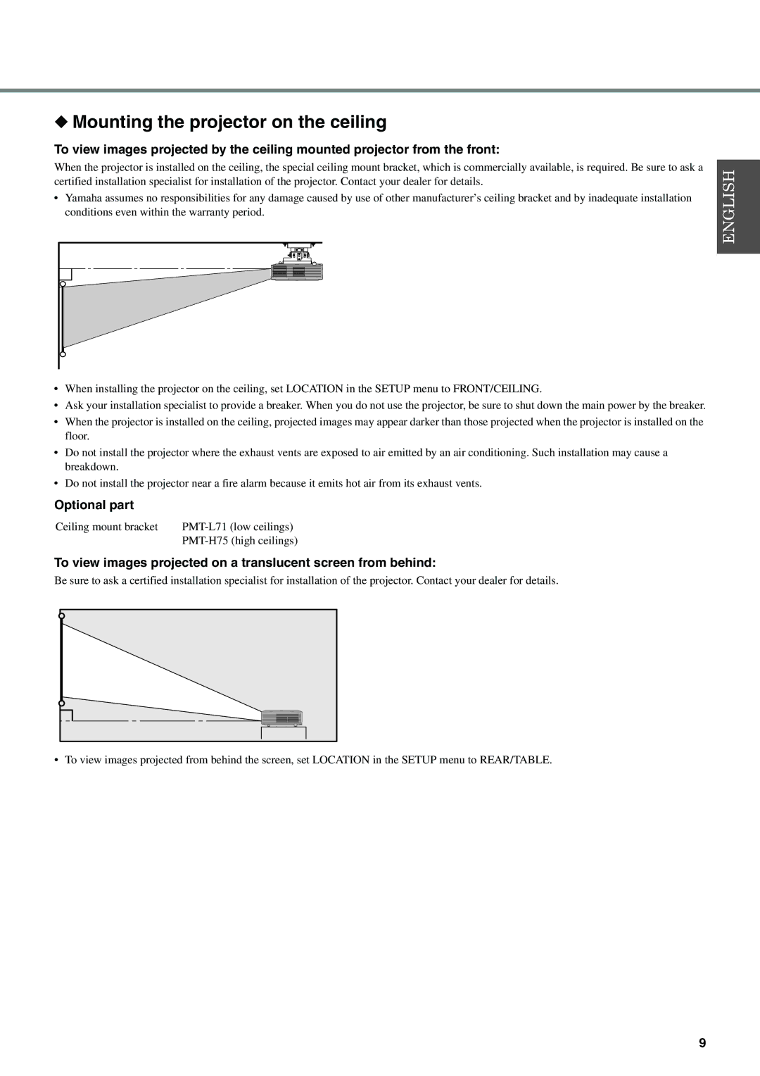 Yamaha DPX-830 owner manual Mounting the projector on the ceiling, Optional part 