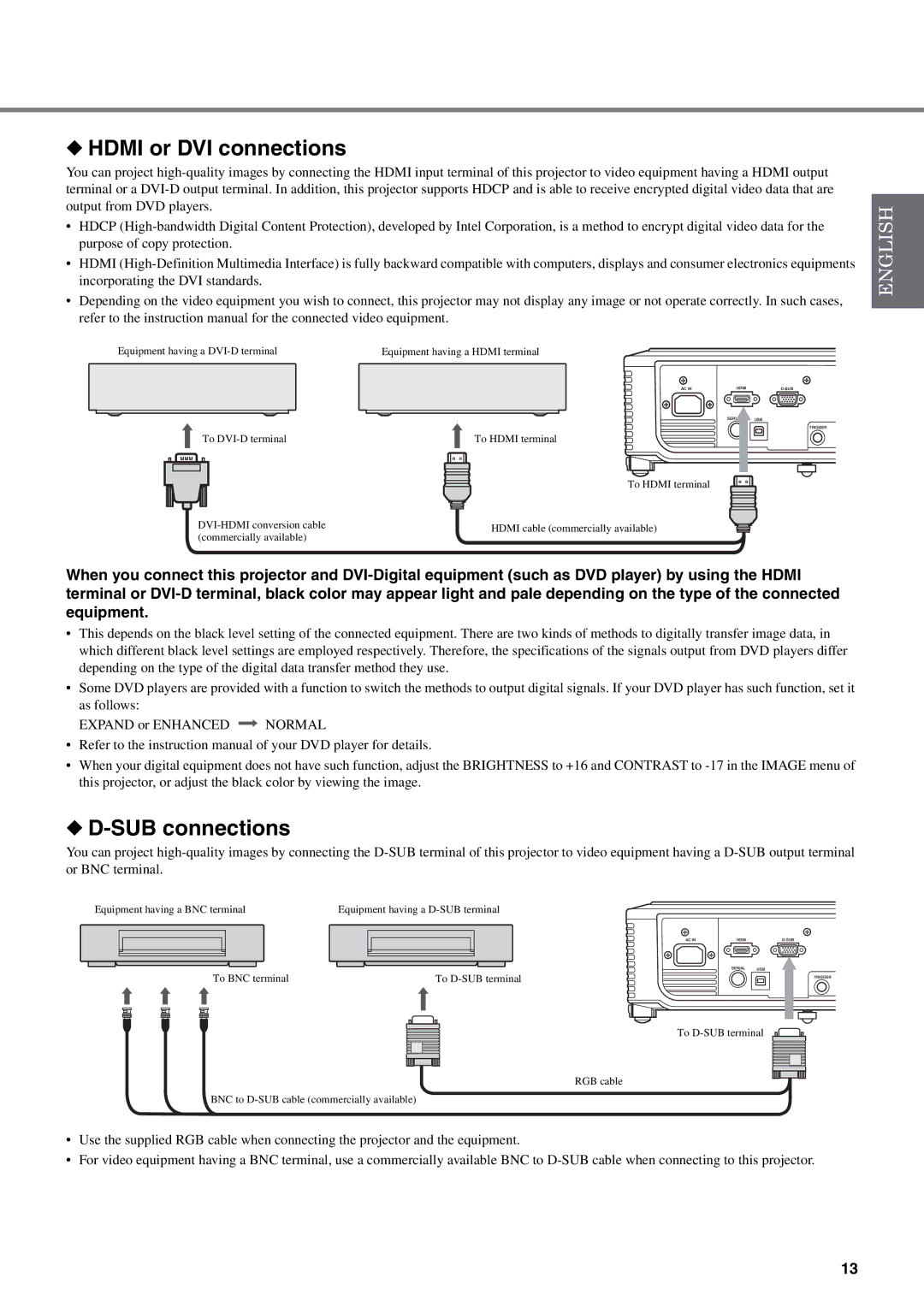 Yamaha DPX-830 owner manual Hdmi or DVI connections, SUB connections 