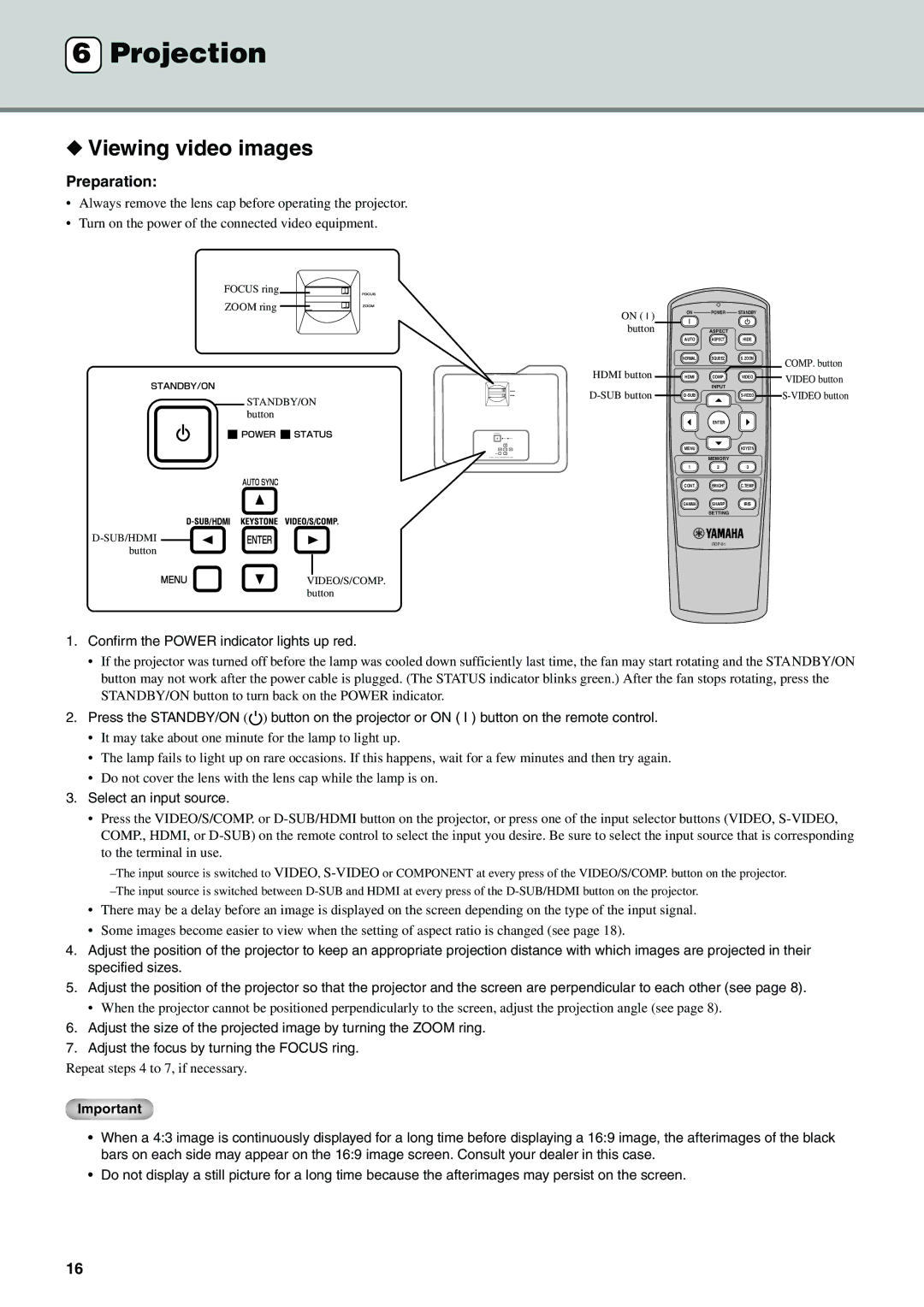 Yamaha DPX-830 owner manual Projection, Viewing video images, Preparation, Confirm the Power indicator lights up red 