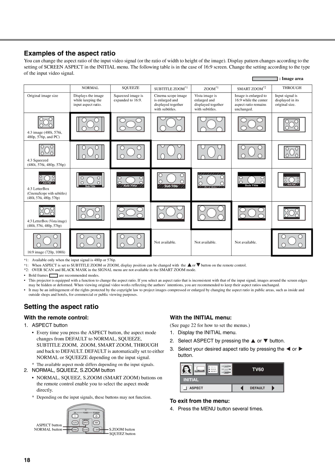 Yamaha DPX-830 Examples of the aspect ratio, Setting the aspect ratio, With the remote control With the Initial menu 