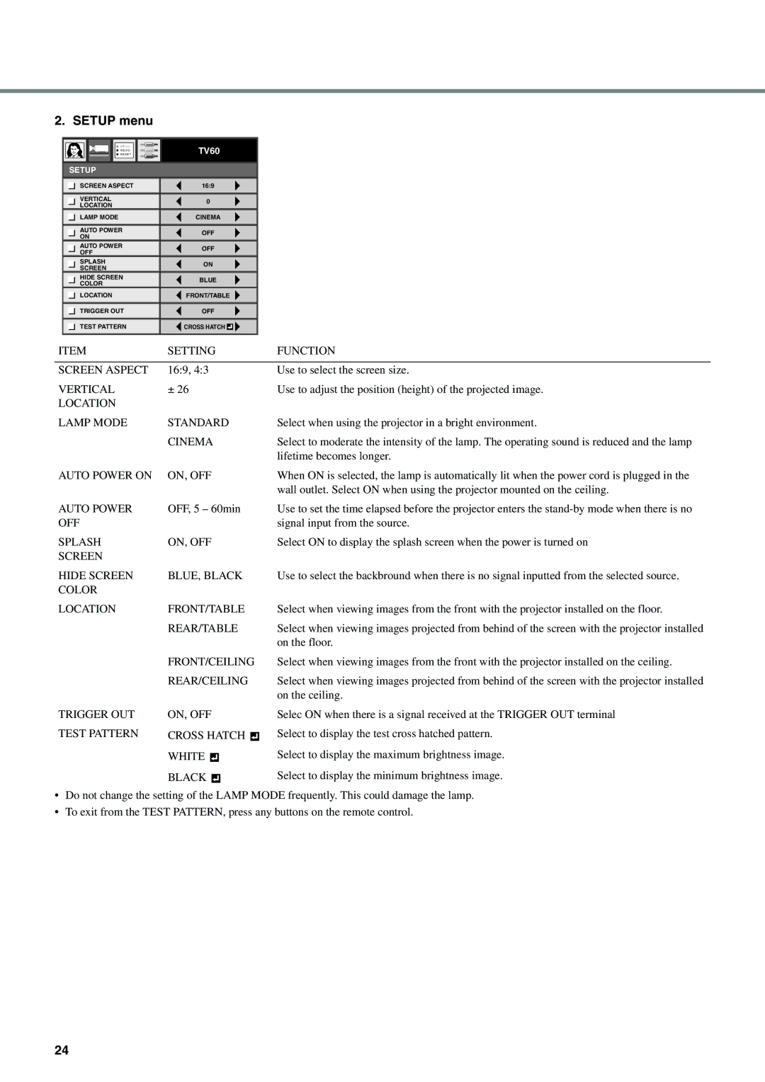 Yamaha DPX-830 owner manual Setup menu 