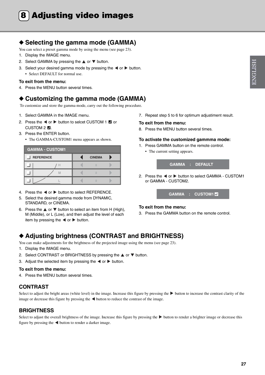 Yamaha DPX-830 owner manual Adjusting video images, Selecting the gamma mode Gamma, Customizing the gamma mode Gamma 