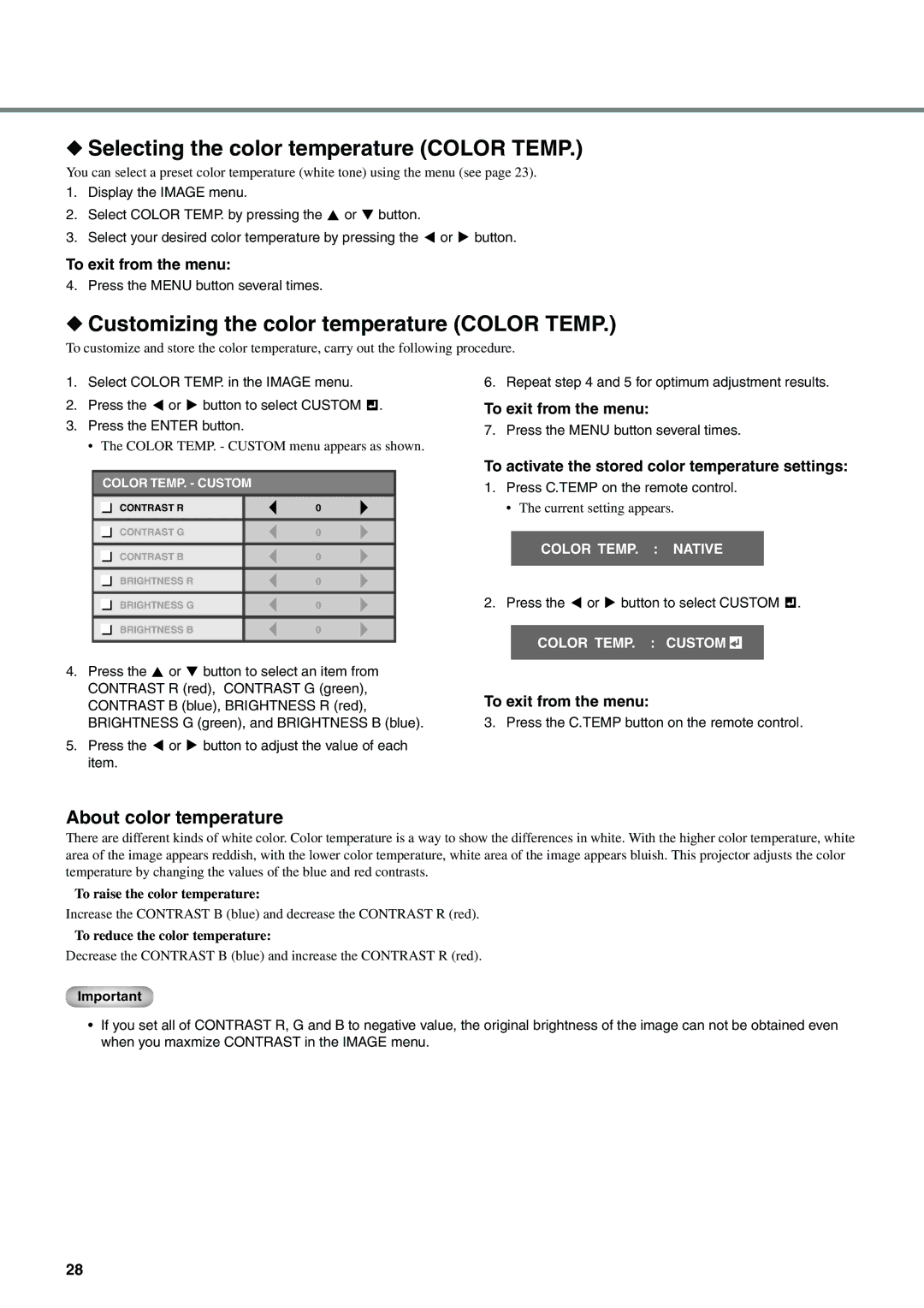 Yamaha DPX-830 owner manual Selecting the color temperature Color Temp, Customizing the color temperature Color Temp 