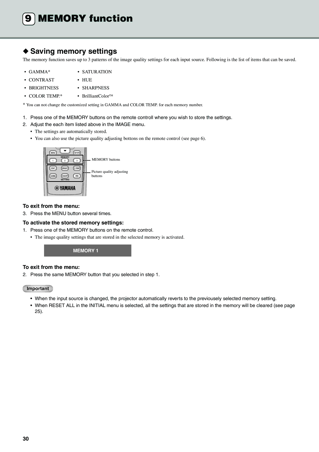 Yamaha DPX-830 owner manual Memory function, Saving memory settings, To activate the stored memory settings 