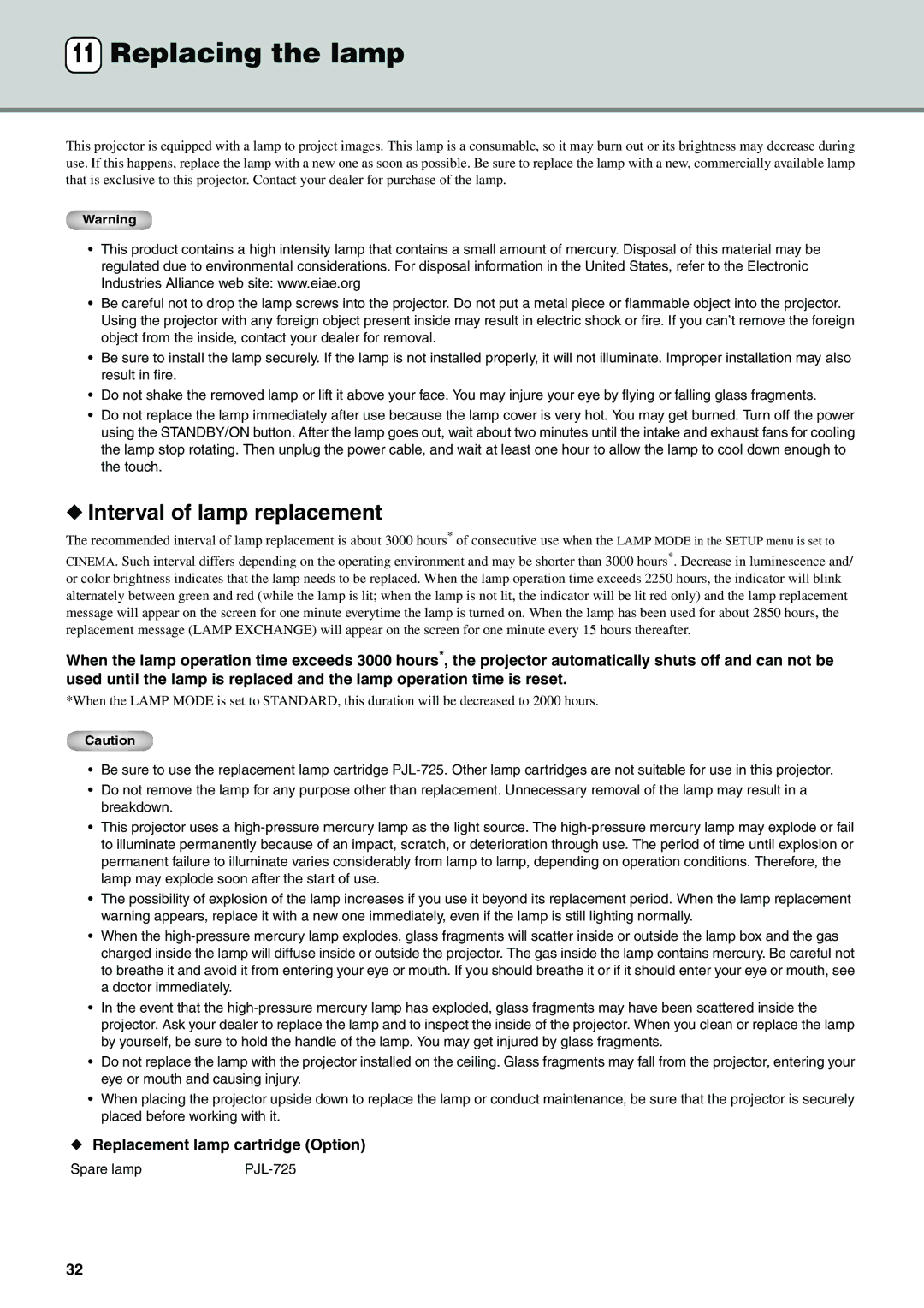 Yamaha DPX-830 owner manual Replacing the lamp, Interval of lamp replacement, Replacement lamp cartridge Option, Spare lamp 