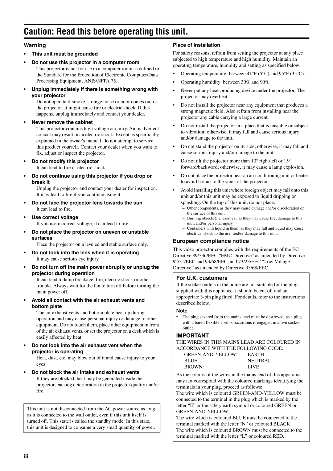 Yamaha DPX-830 owner manual European compliance notice, For U.K. customers, Iii, Green-And-Yellow 