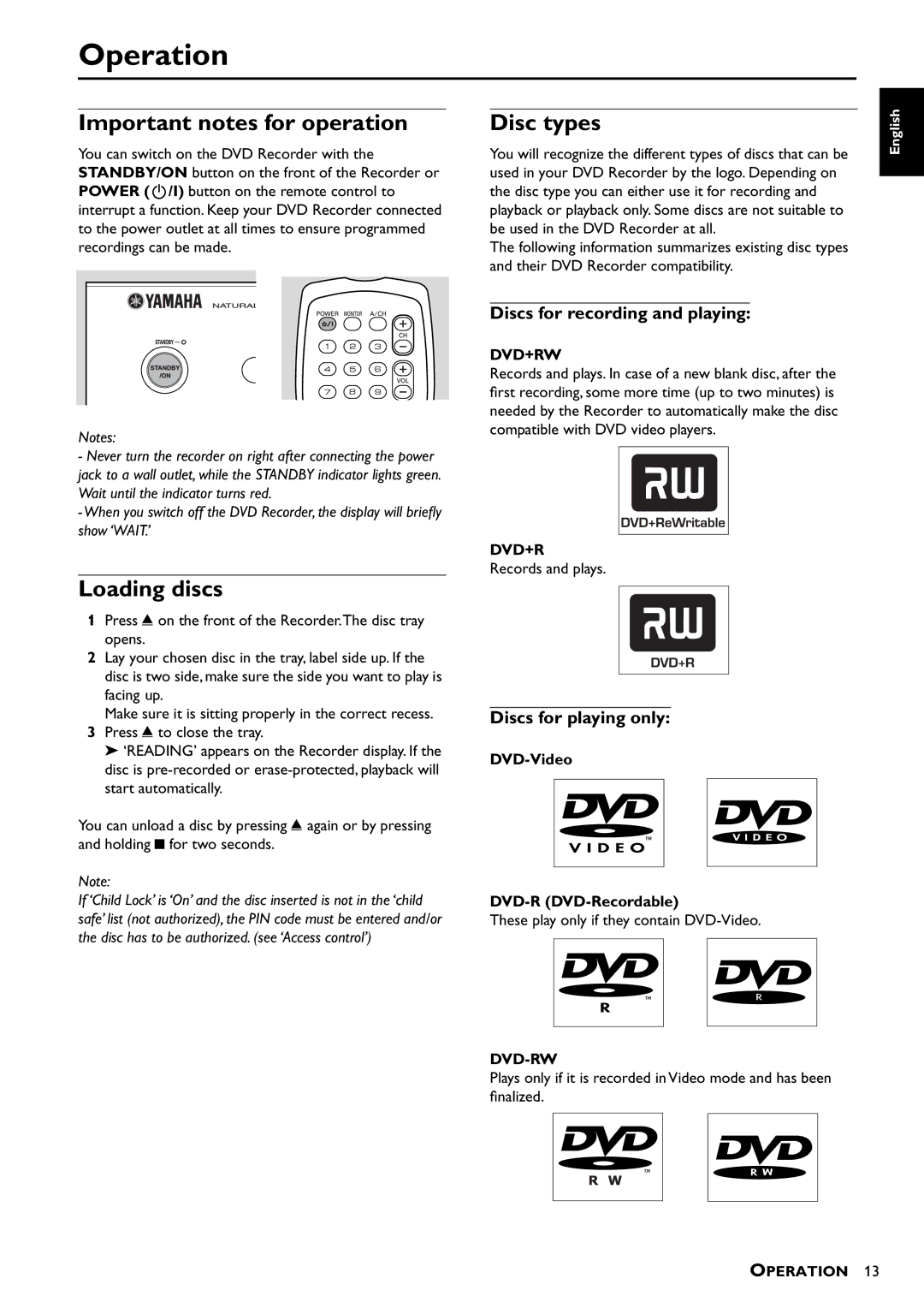 Yamaha DRX-1 owner manual Operation, Important notes for operation, Disc types, Loading discs 