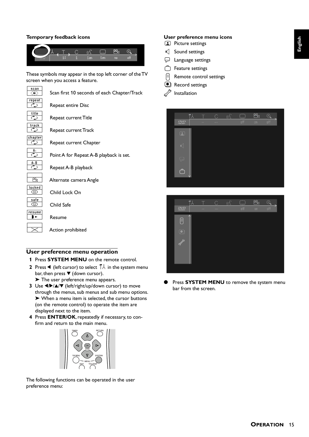 Yamaha DRX-1 owner manual User preference menu operation, Temporary feedback icons, User preference menu icons 