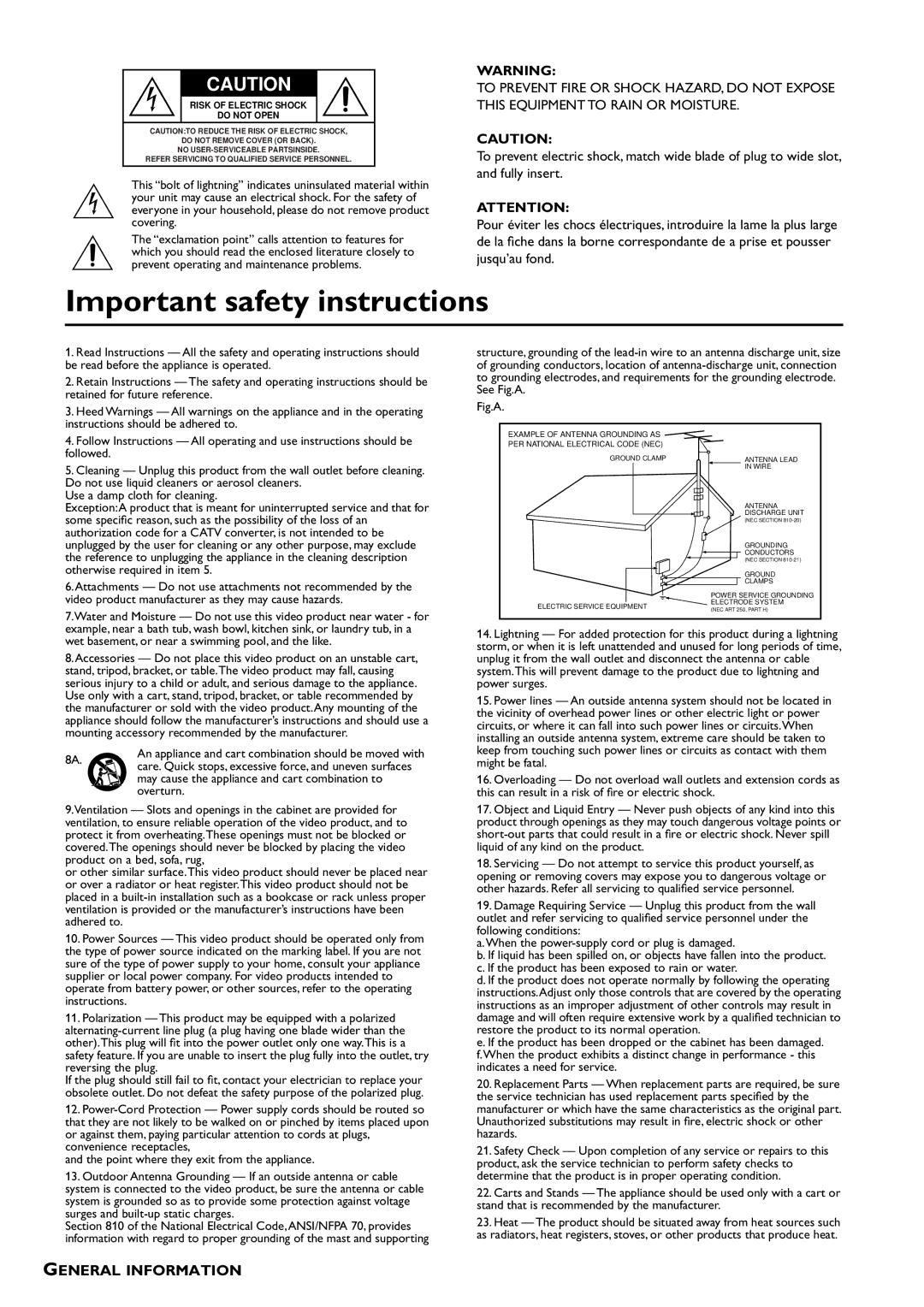 Yamaha DRX-1 owner manual Important safety instructions, General Information 