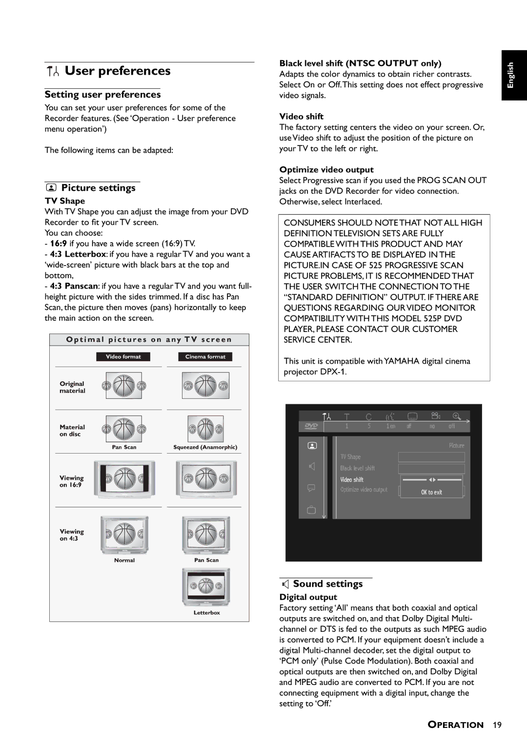 Yamaha DRX-1 owner manual User preferences, Setting user preferences, Picture settings, Sound settings 