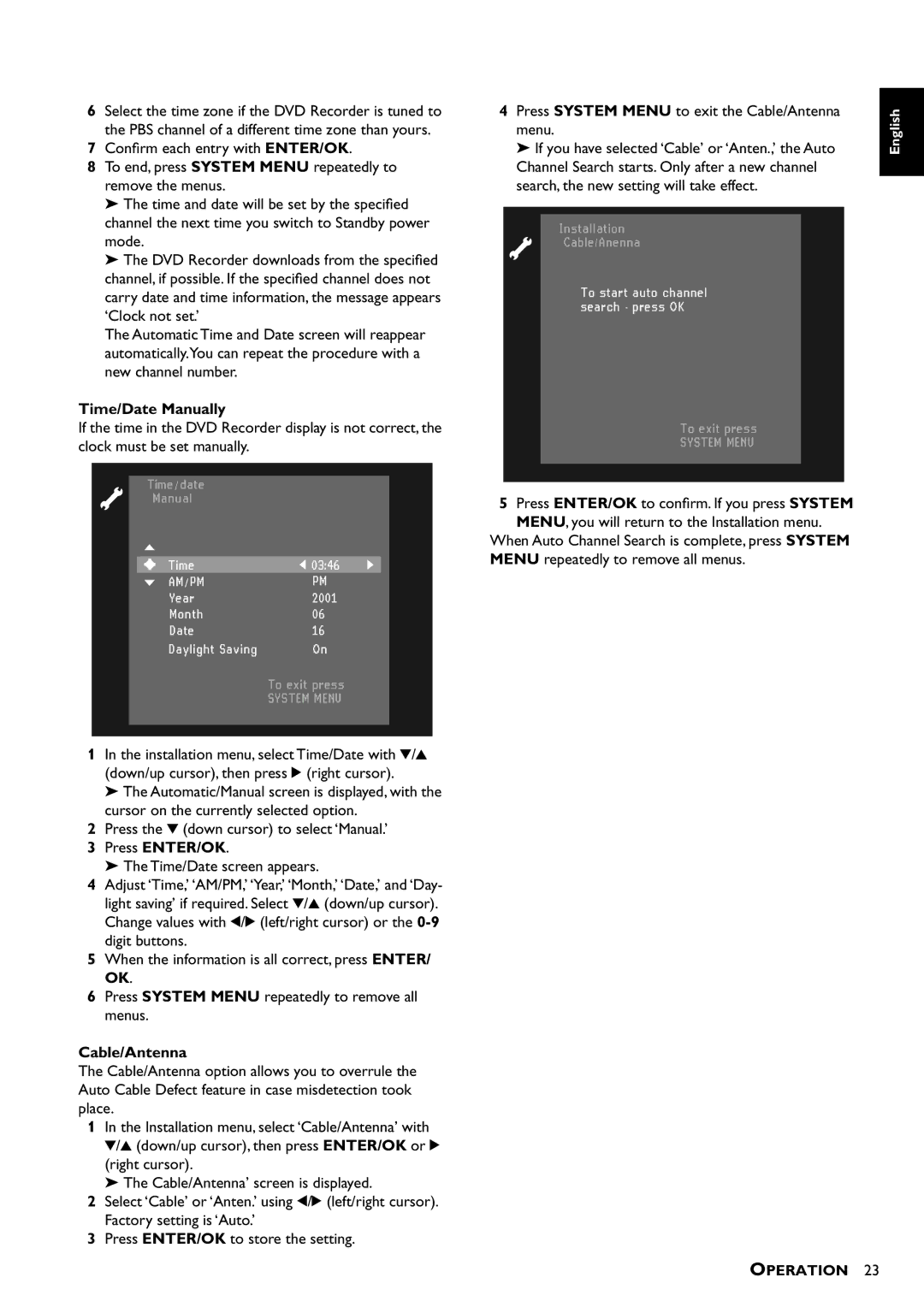 Yamaha DRX-1 owner manual Time/Date Manually, Press ENTER/OK, Cable/Antenna 