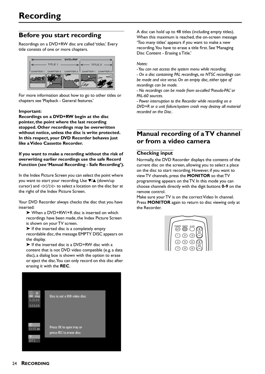 Yamaha DRX-1 owner manual Recording, Before you start recording, Manual recording of a TV channel or from a video camera 