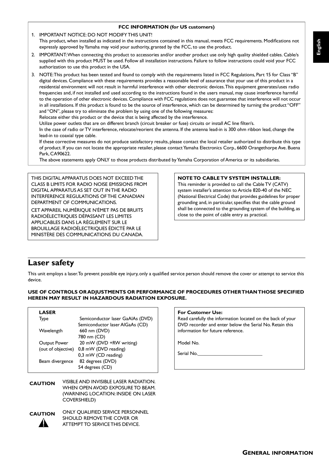 Yamaha DRX-1 owner manual Laser safety, FCC Information for US customers 