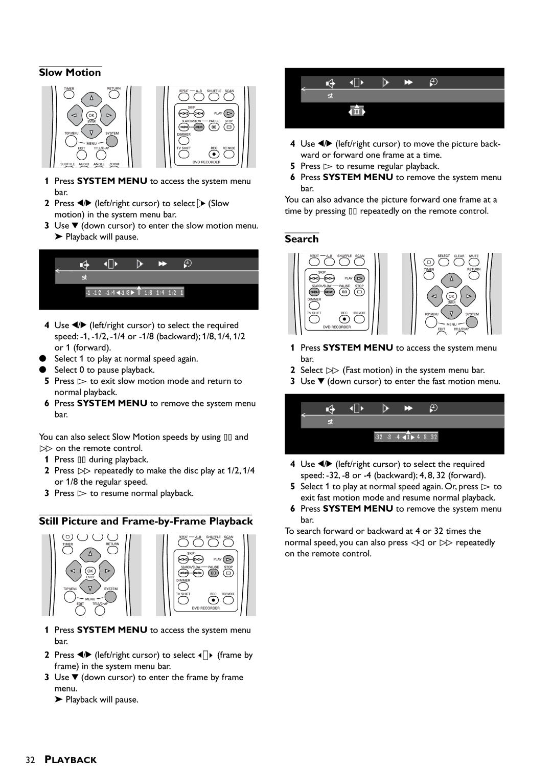 Yamaha DRX-1 owner manual Slow Motion, Search, Still Picture and Frame-by-Frame Playback 