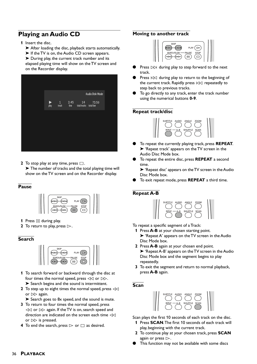 Yamaha DRX-1 owner manual Playing an Audio CD, Pause, Moving to another track, Repeat track/disc 